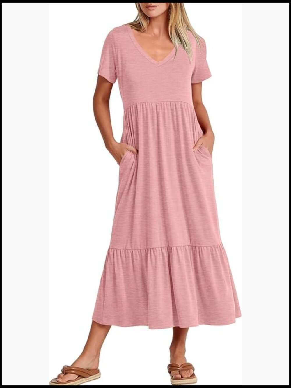 Flowy V-Neck Tiered Maxi Dress Short Sleeve Casual Sundress
